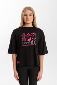 Emoji Siyah Oversize Crop T-shirt