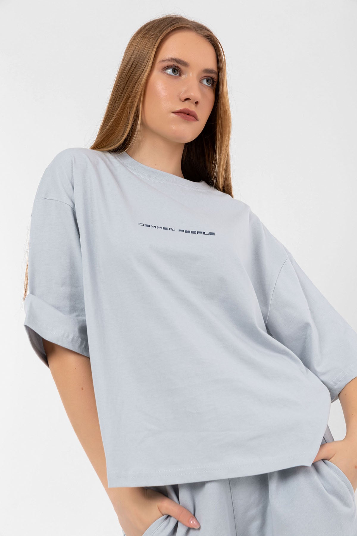 Logo Ice Gray Oversized Cropped T-shirt